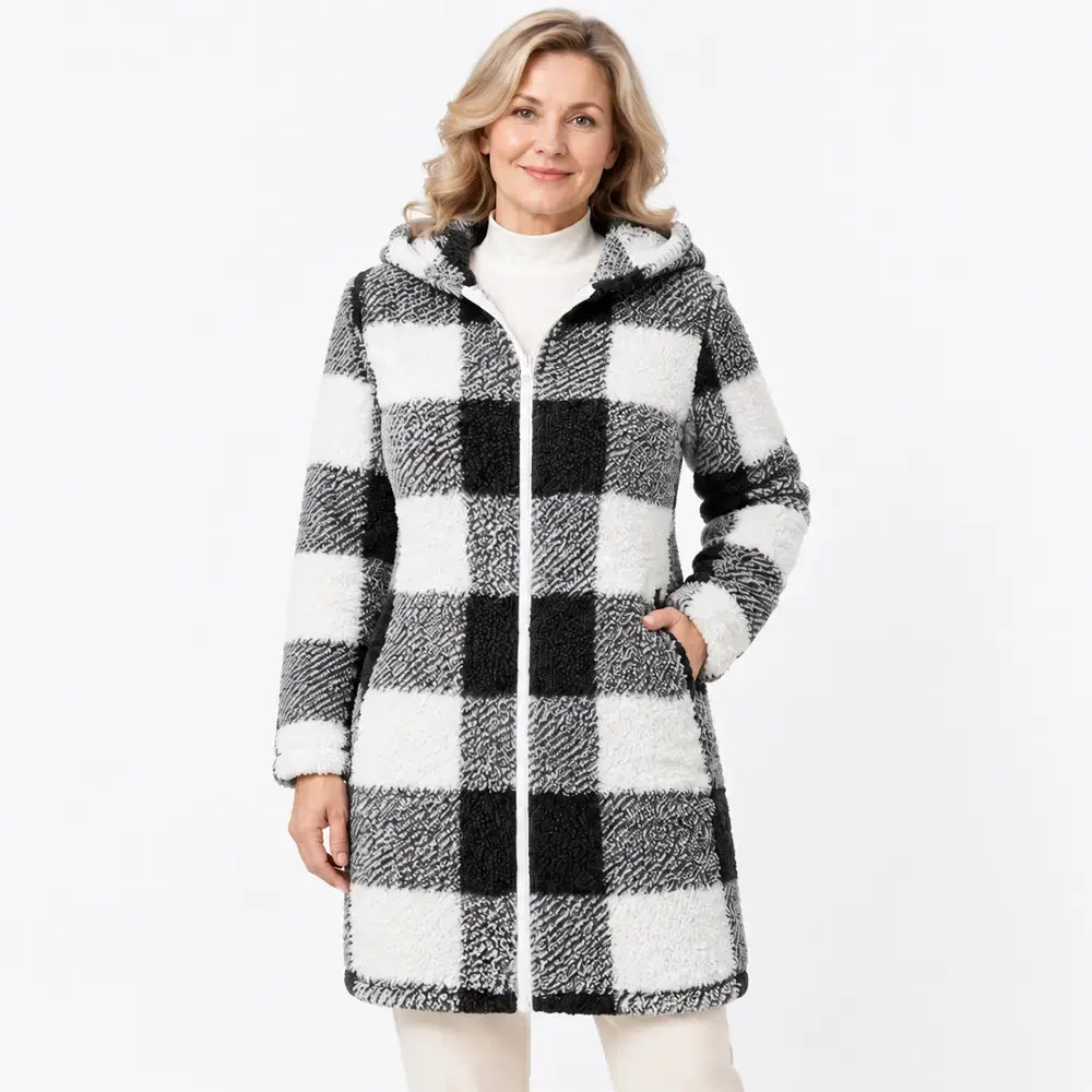 ✨50% SLEVA!【S–3XL】Dlouhý oboustranný dámský kabát se zipem, umělá kožešina + kostkovaný vzor, zateplený kardigan na podzim a zimu