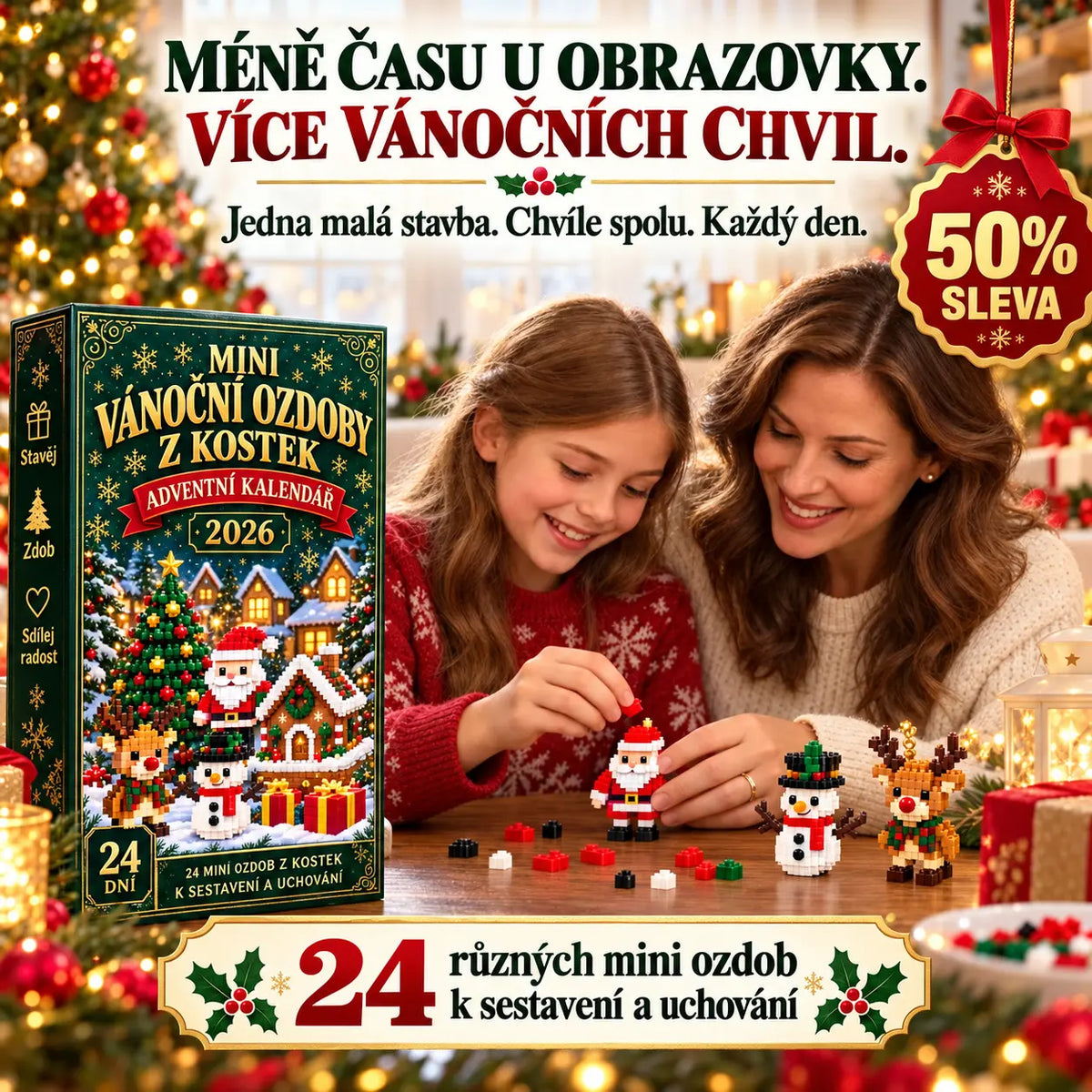 🎄✨50% SLEVA | 24denní adventní kalendář, mini vianoční ozdoby z kociek, stavebnice, 24 ks vánočních figurek, vánoční dekorace