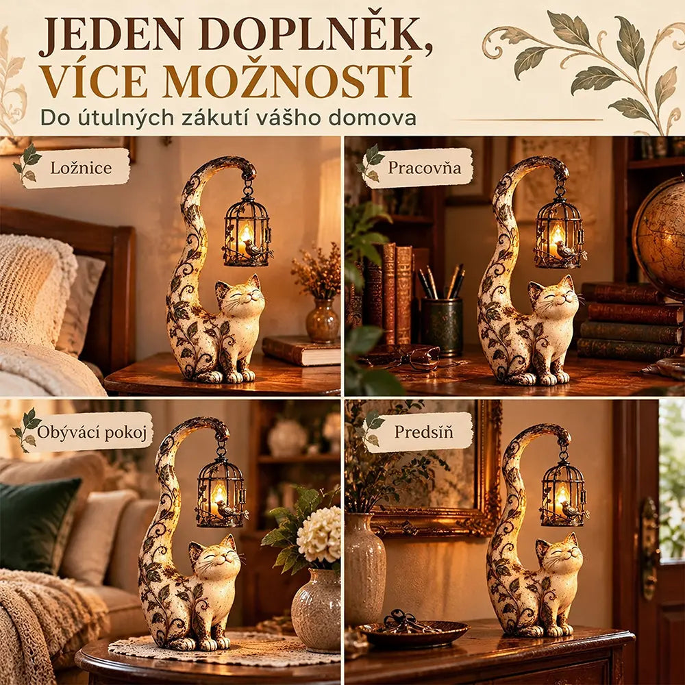 🐱💡 50% SLEVA | Noční světlo – kočka s ptačí klecí, resinová dekorace do domácnosti a zahrady