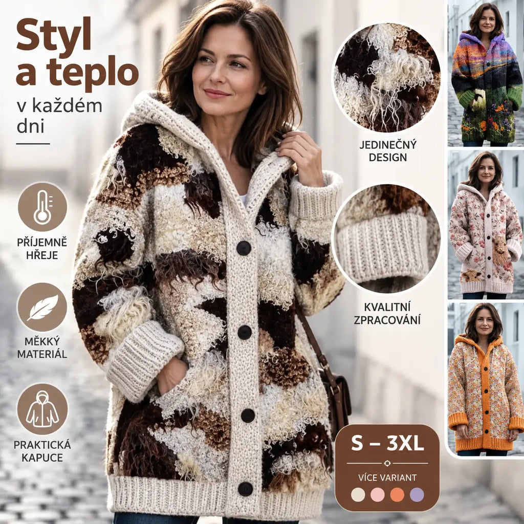 ✨50% SLEVA!【S–6XL】Dámská pletená bunda s kapucí, jedinečný vlněný vzor, zateplená, knoflíkové zapínání, s kapsami, podzim a zima