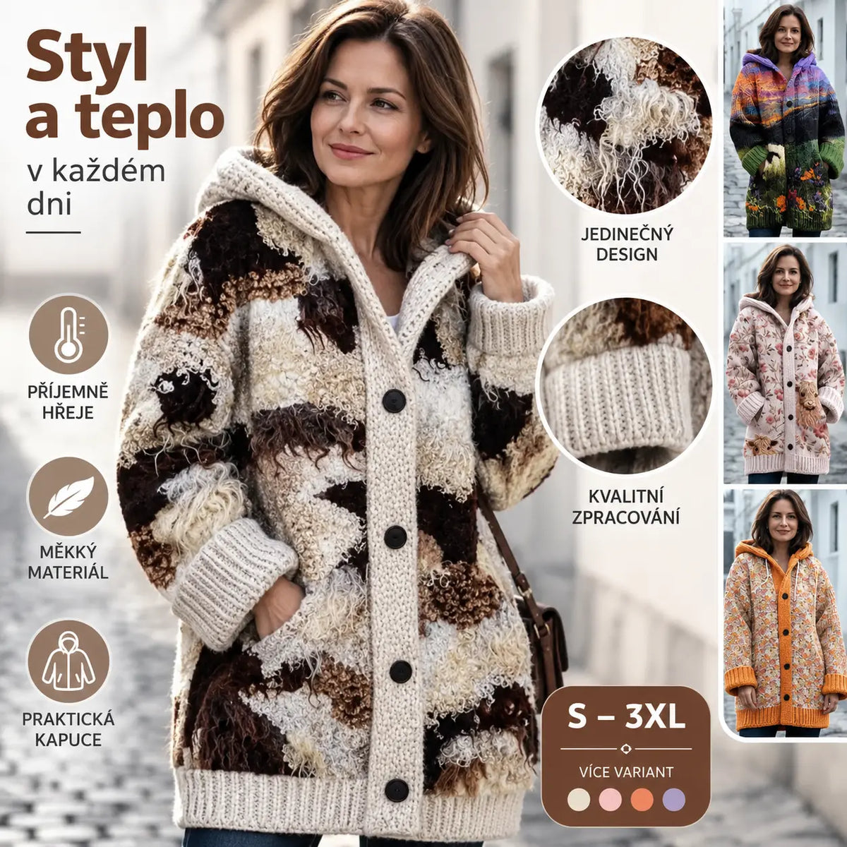 ✨50% SLEVA!【S–6XL】Dámská pletená bunda s kapucí, jedinečný vlněný vzor, zateplená, knoflíkové zapínání, s kapsami, podzim a zima