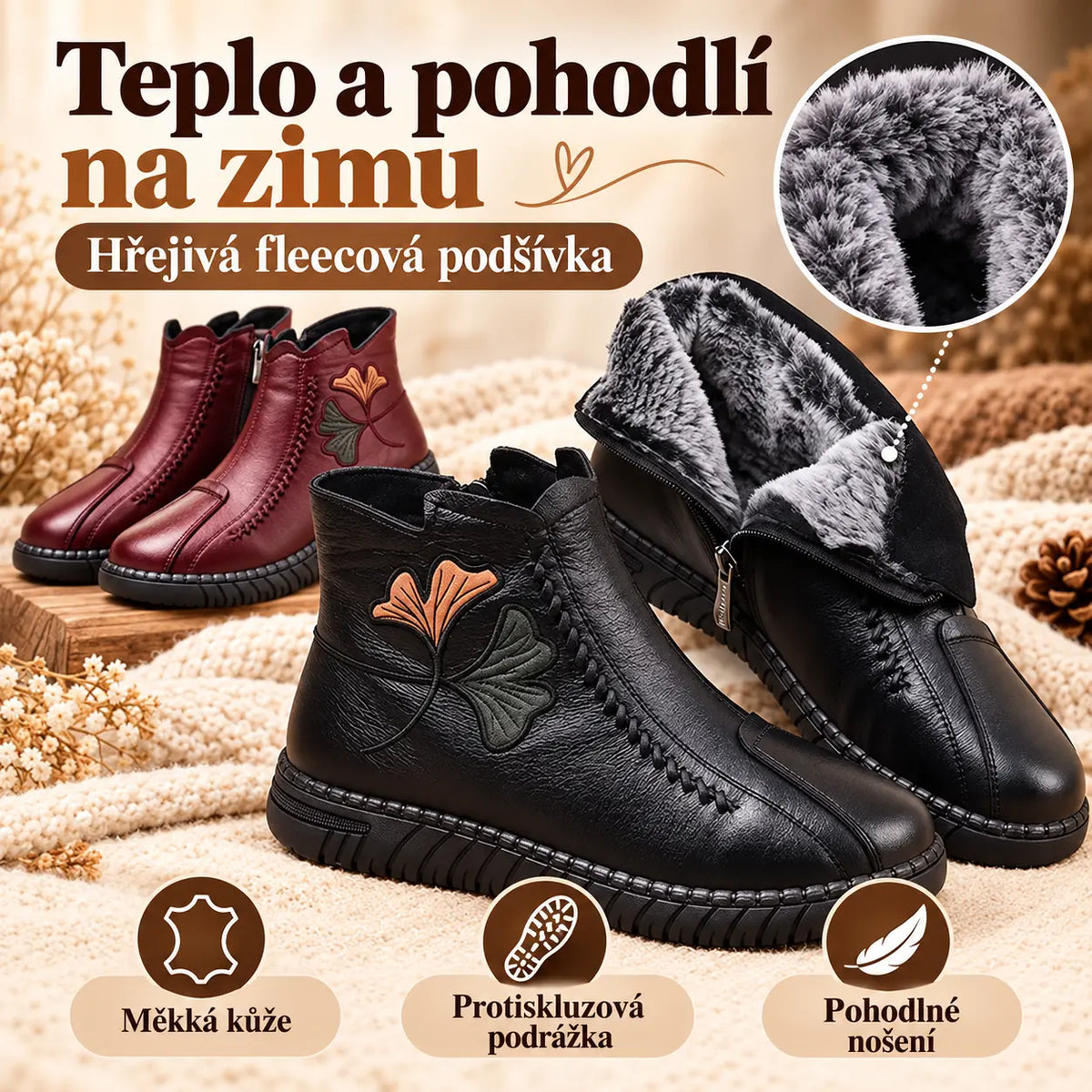 🔥50% SLEVA! 【35–41】 Nové dámské zimní bavlněné kotníkové boty 2026, s fleecovou podšívkou, měkká kůže, protiskluzová měkká podrážka, pohodlné boty pro maminky