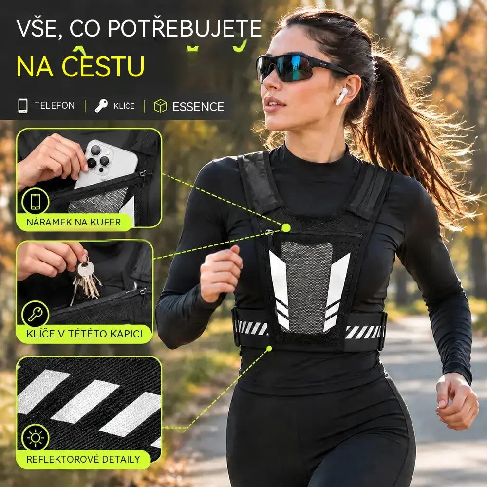🔥50% SLEVA | Běžecká sportovní vesta s kapsou na telefon, reflexní prvky, prodyšná síťovina, úchyt na láhev, nastavitelné popruhy