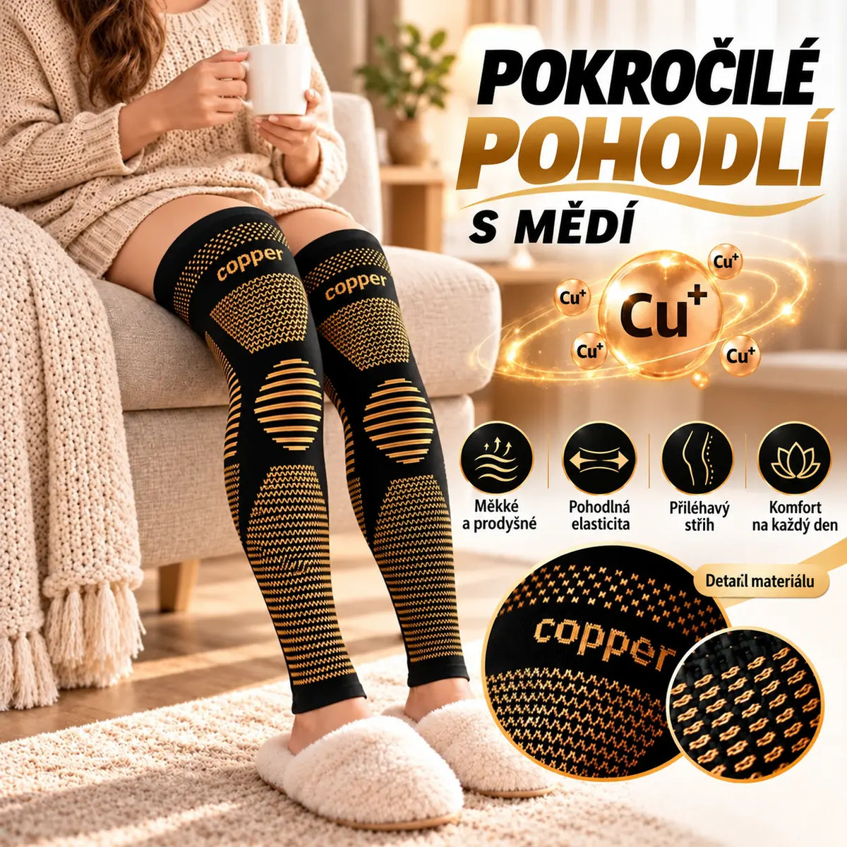 🔥50% SLEVA |【M-XXL】Dlouhá elastická kompresní návleka na nohu s obsahem mědi, silikonový proti-skuz design, 3D pletení, prodyšná, odvádí pot, kolenní ortéza pro sport i každodenní nošení