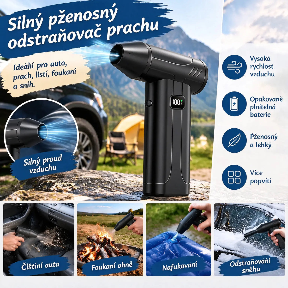 50% SLEVA🔥🌪️Výkonný ruční vysokorychlostní ventilátor X9, turbomotor, 6 rychlostí, LED svítilna, přenosný na kempování, čištění prachu a odstraňování sněhu