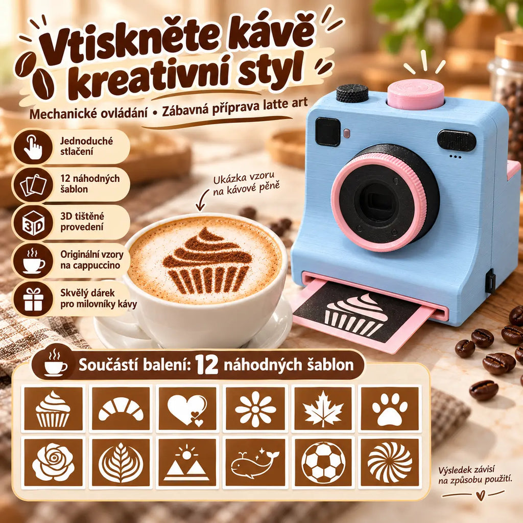 ☕️50% SLEVA | Retro fotoaparát na latte art, mechanická tiskárna šablon na kávu, 3D tištěný, obsahuje 12 náhodných šablon, nástroj na kávové vzory