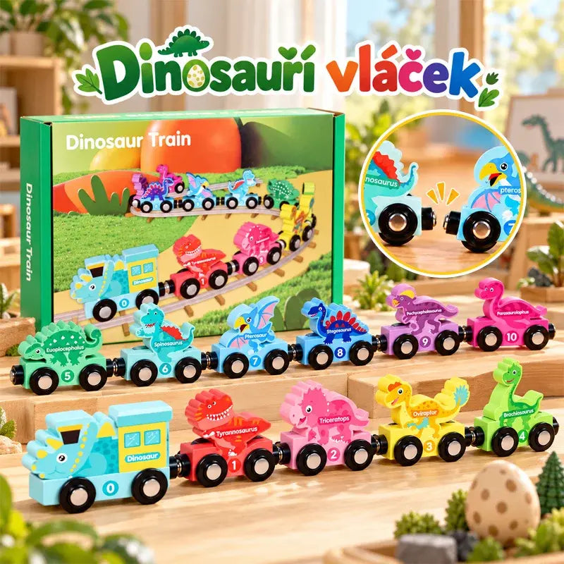 🔥50% SLEVA | Dřevěný magnetický vláček s dinosaury a čísly, vzdělávací hračka pro děti 1–6 let
