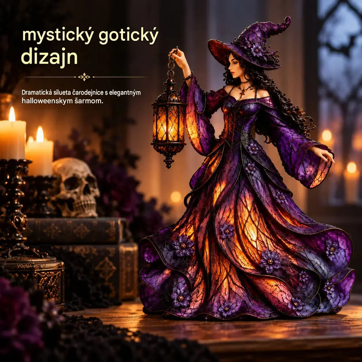 🧙‍♀️ Gotická halloweenská figurka čarodějnice s LED lucernou