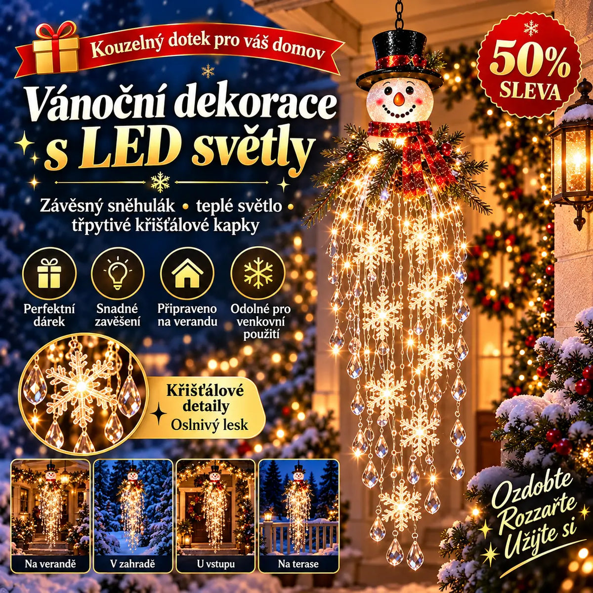✨🎅50% SLEVA | Křišťálové sněhové vločky závěsná LED vánoční světla, kouzelné osvětlení na verandu