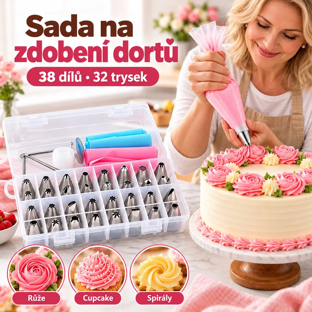 🔥50% SLEVA | 🎂✨Sada na zdobení dortů 38 ks, 32 nerezových trysek, silikonové zdobicí sáčky, skladovací box, domácí pečení