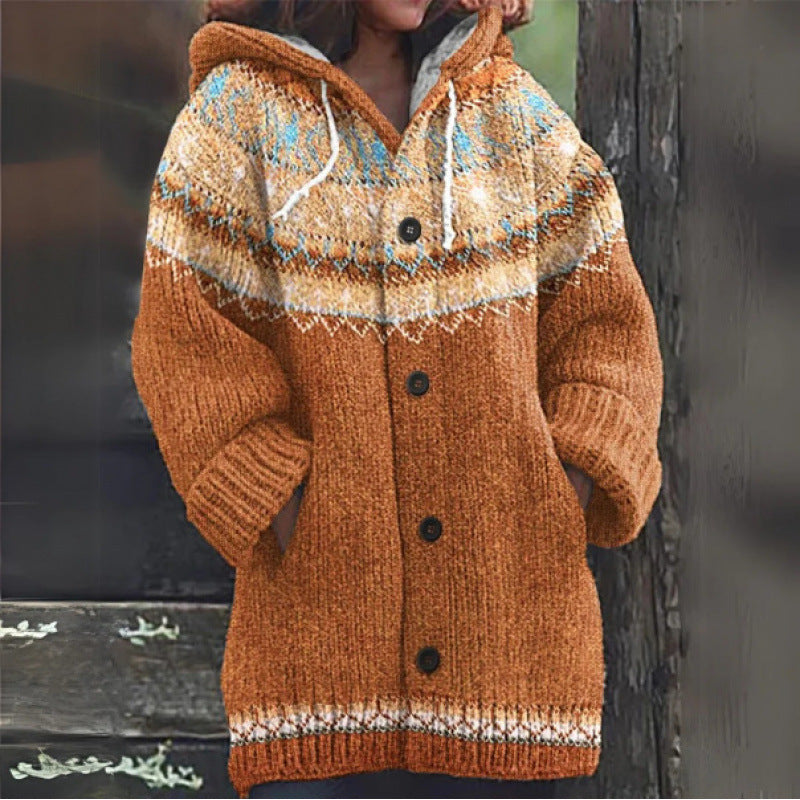 🔥50% SLEVA🔥【 S–5XL】✨Nová dámská pletená bunda s kapucí, geometrický vzor, zapínání na knoflíky, podzim/zima