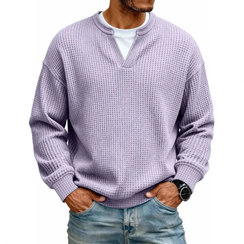 🔥50% SLEVA |【S–5XL】Pánská vaflová mikina, malý výstřih do V, dvoubarevný design falešných dvou vrstev, volný pohodlný dlouhý rukáv Polo tričko