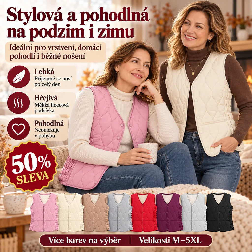 🔥50% SLEVA | Lehká teplá vesta bez rukávů M–5XL, dámská zateplená bunda z bavlněného peří, stylová přiléhavá vesta na podzim a zimu