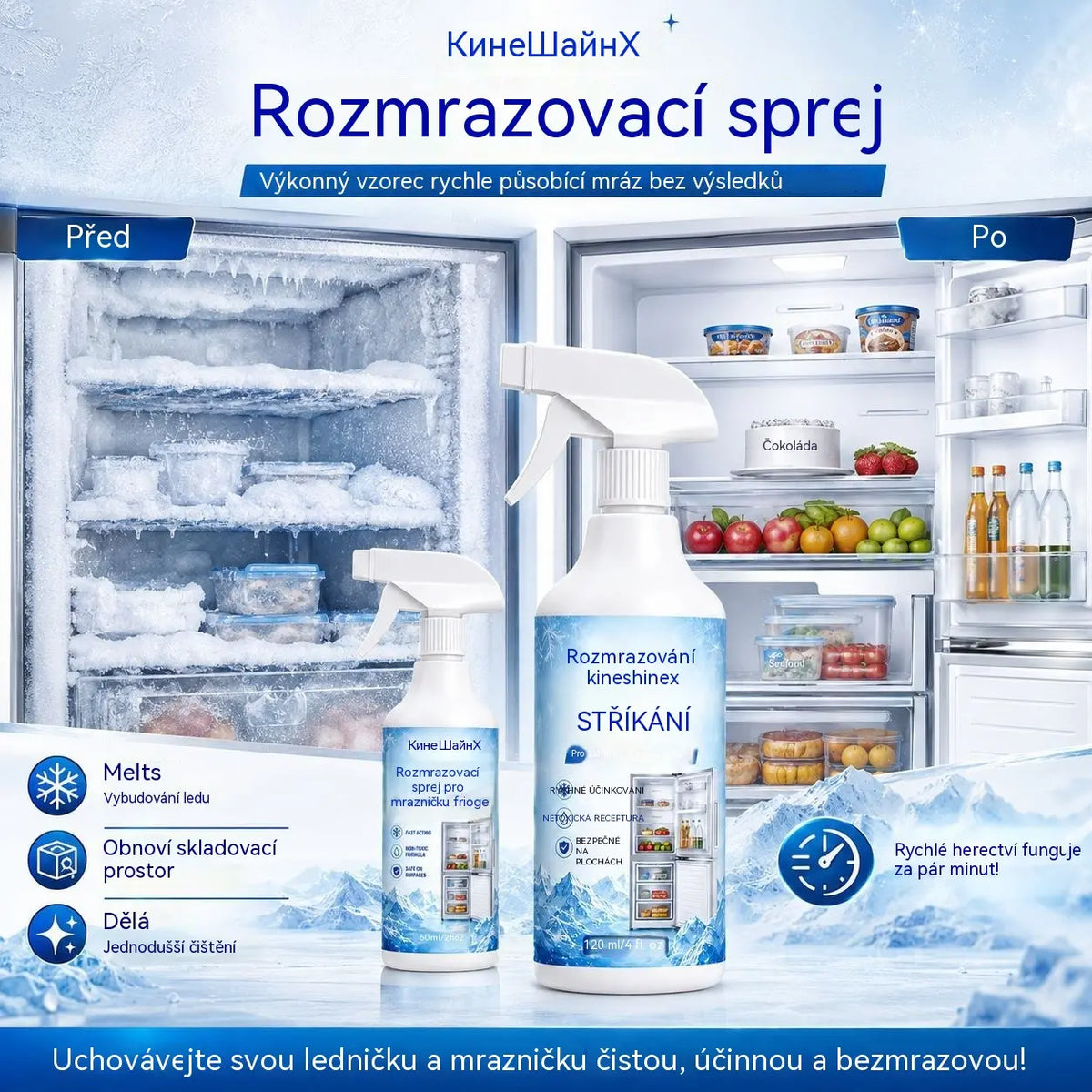 🔥【Kupte 1 a získejte 1 zdarma】❄️ Sprej pro odmrazování ledničky a mrazničky, rychlé odstranění ledu, domácí čistící sprej