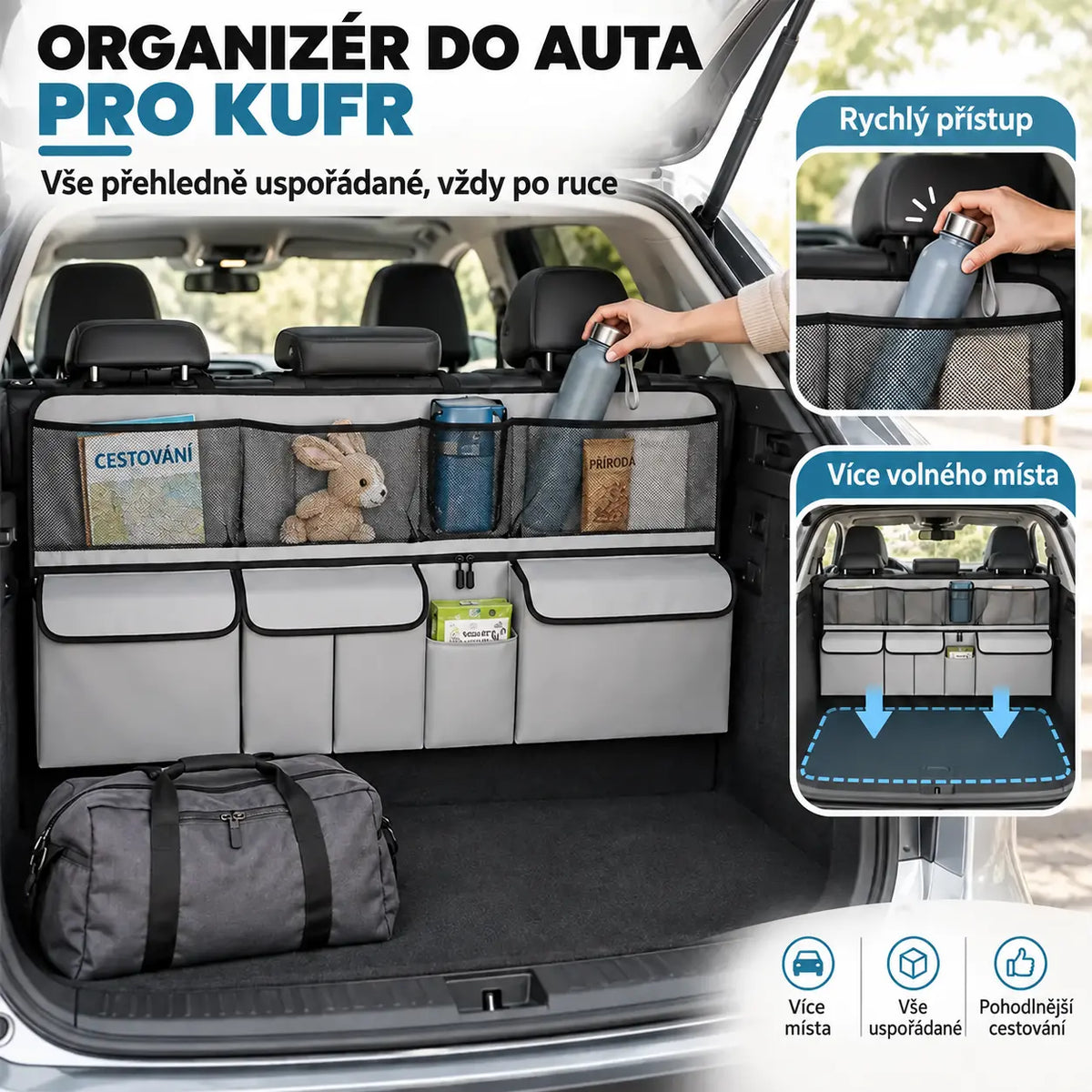 50% SLEVA 🚗 Závěsný organizér do kufru auta 105×51 cm, úložná taška na opěrku hlavy, velká kapacita, oxfordská tkanina, pro SUV a rodinné auto, barva šedá / černá