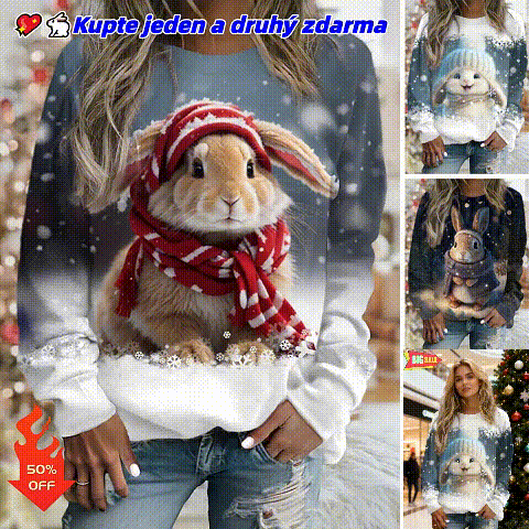 💖🐇 50% SLEVA | Dámská mikina s kulatým výstřihem, roztomilý vánoční králík 3D digitální potisk, dlouhý rukáv, každodenní nošení