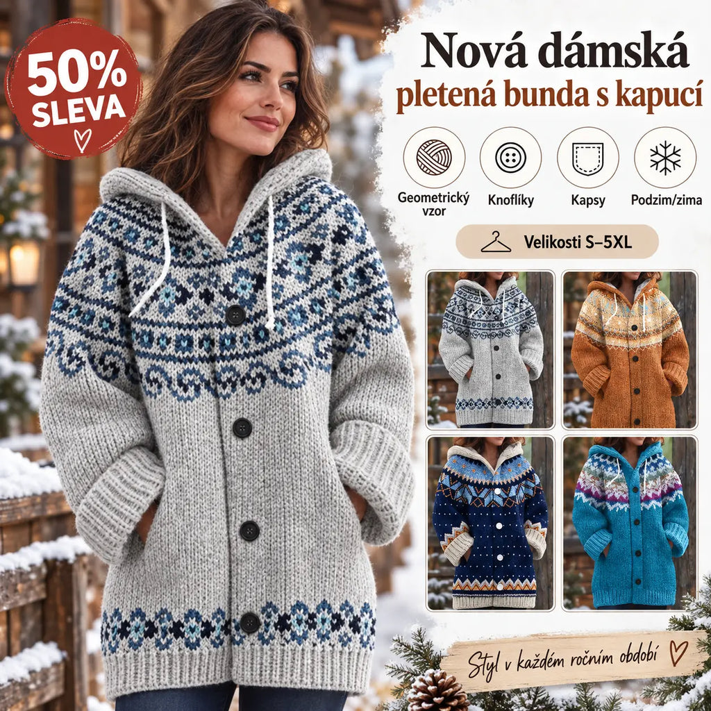 🔥50% SLEVA🔥【 S–5XL】✨Nová dámská pletená bunda s kapucí, geometrický vzor, zapínání na knoflíky, podzim/zima
