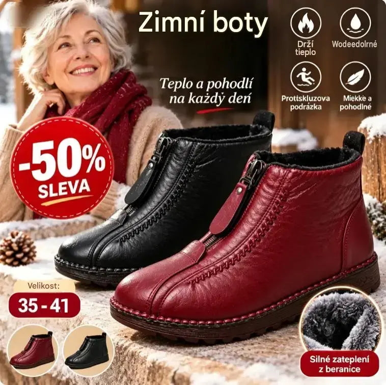 50% SLEVA🔥【35–42】Italský styl ručně šité dámské kožené kotníkové boty, zateplené na zimu, přední zip, protiskluzová podrážka, pohodlné zimní boty