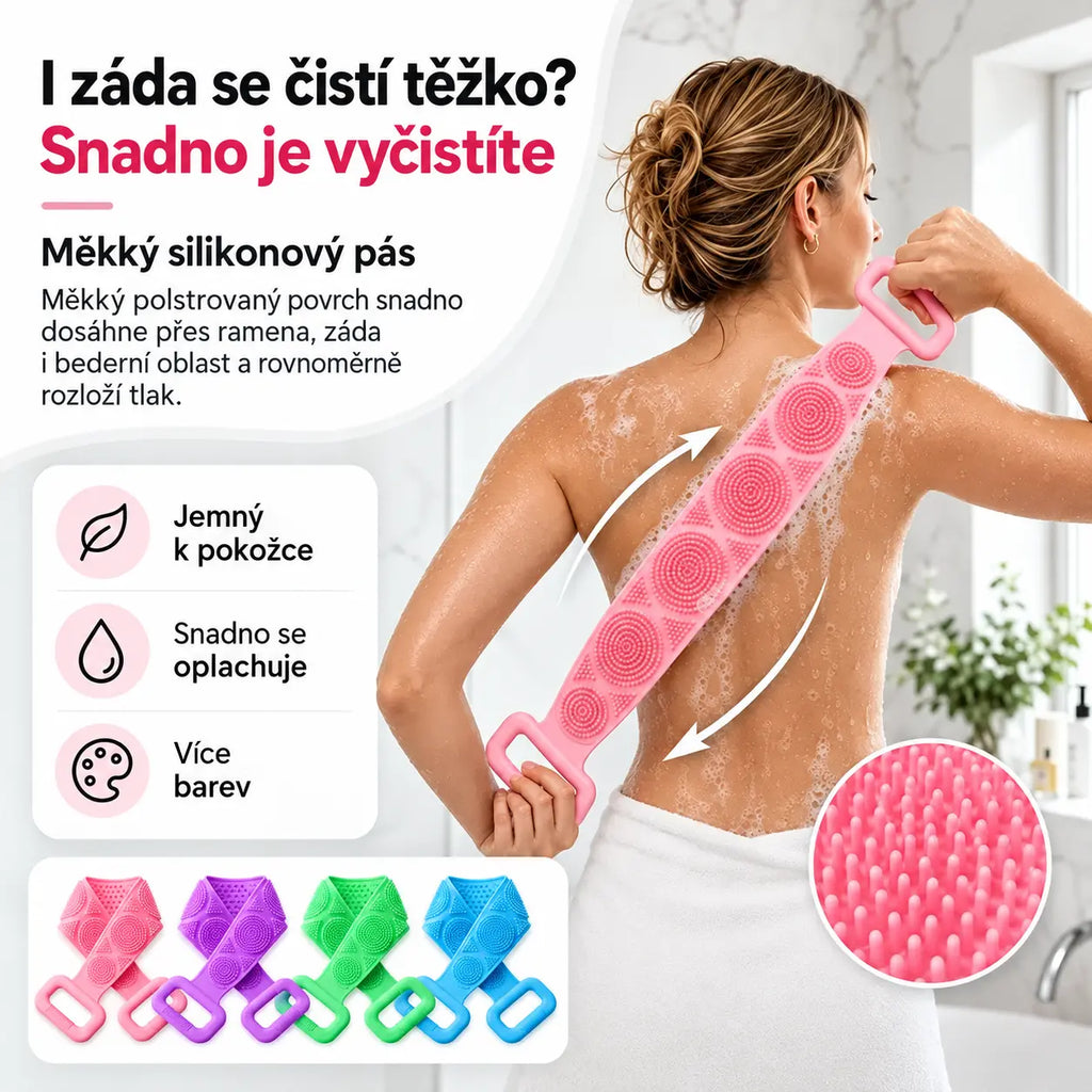 🔥Kupte 1, získejte 1 zdarma🛁 Dlouhá silikonová koupelová stírací páska 70 cm, oboustranná masážní textura, bezbolestné drhnutí zad, 182g, snadné čištění hřbetu