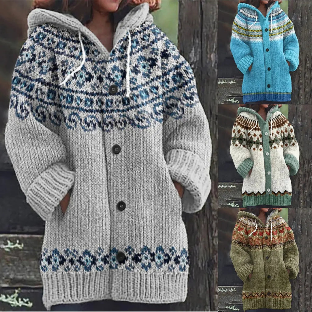 🔥50% SLEVA🔥【 S–5XL】✨Nová dámská pletená bunda s kapucí, geometrický vzor, zapínání na knoflíky, podzim/zima