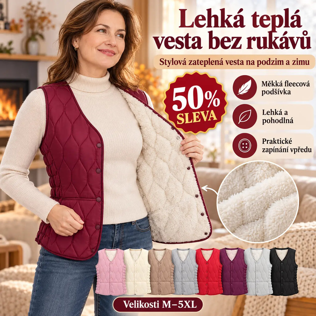 🔥50% SLEVA | Lehká teplá vesta bez rukávů M–5XL, dámská zateplená bunda z bavlněného peří, stylová přiléhavá vesta na podzim a zimu