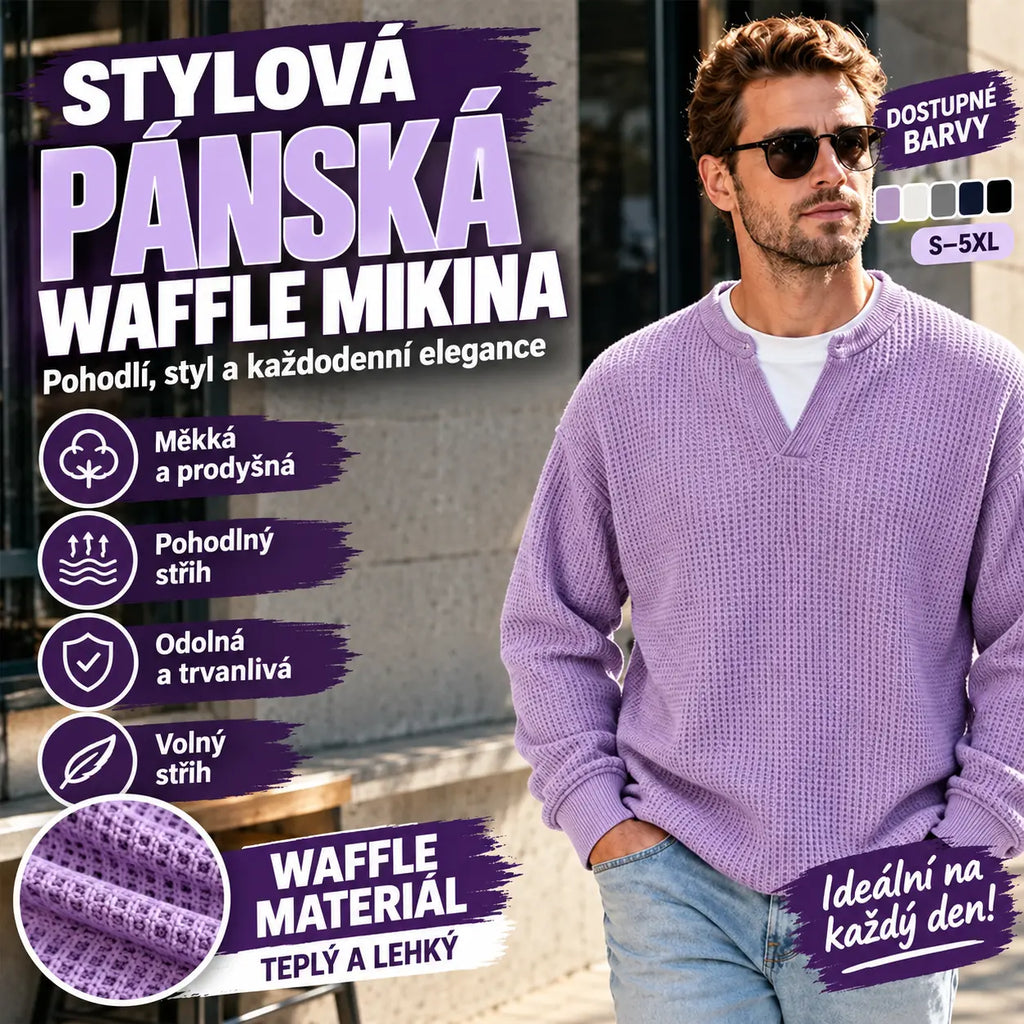 🔥50% SLEVA |【S–5XL】Pánská vaflová mikina, malý výstřih do V, dvoubarevný design falešných dvou vrstev, volný pohodlný dlouhý rukáv Polo tričko