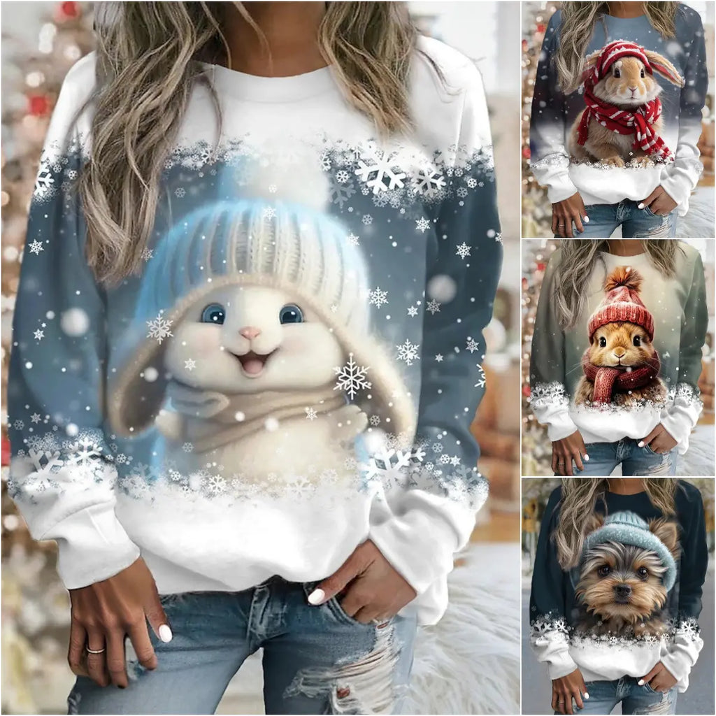 💖🐇 50% SLEVA | Dámská mikina s kulatým výstřihem, roztomilý vánoční králík 3D digitální potisk, dlouhý rukáv, každodenní nošení