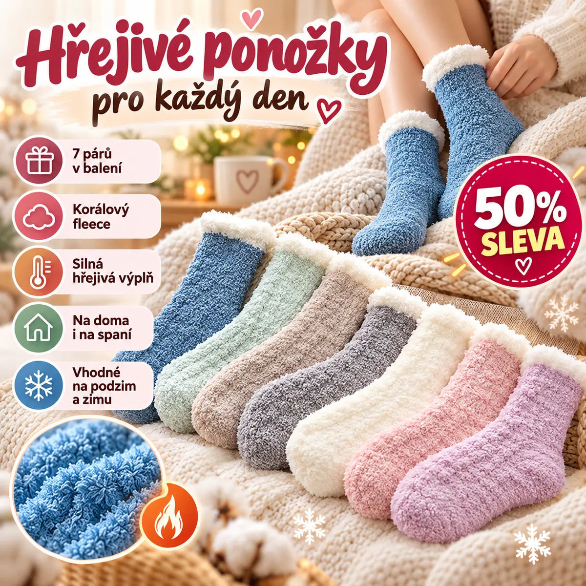 🔥 50% SLEVA | Balení 7 ks, Dámské korálové fleecové ponožky, střední délka, silná hřejivá výplň, domácí podlahové ponožky, vhodné po porodu na spaní v podzim a zimě