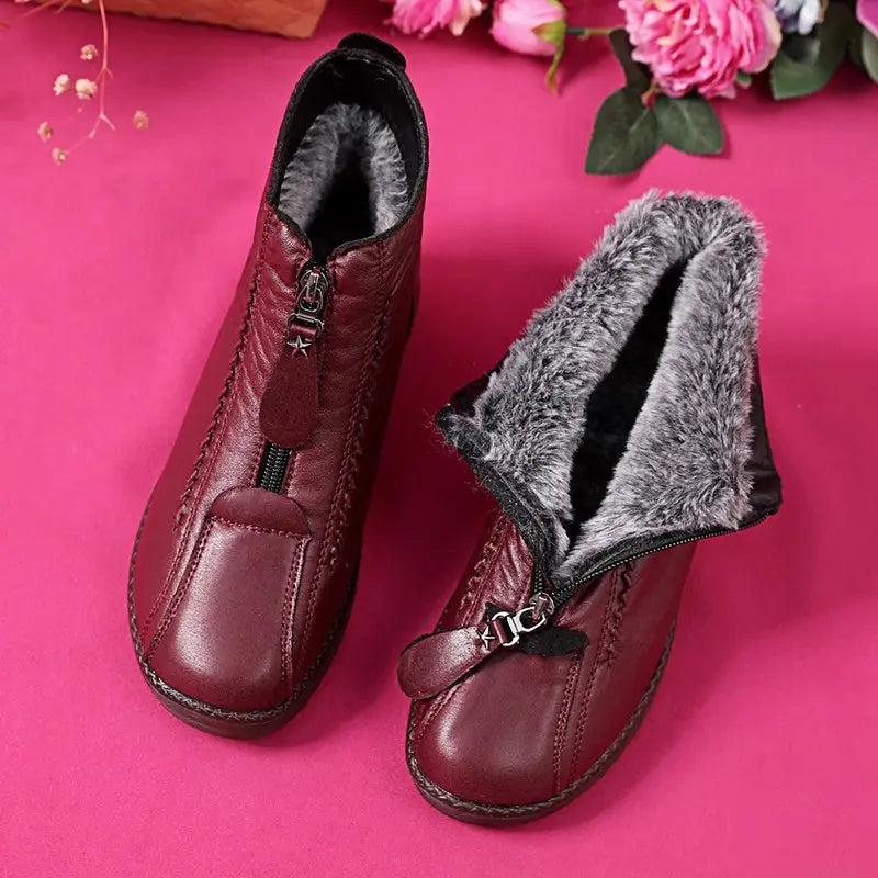 50% SLEVA🔥【35–42】Italský styl ručně šité dámské kožené kotníkové boty, zateplené na zimu, přední zip, protiskluzová podrážka, pohodlné zimní boty