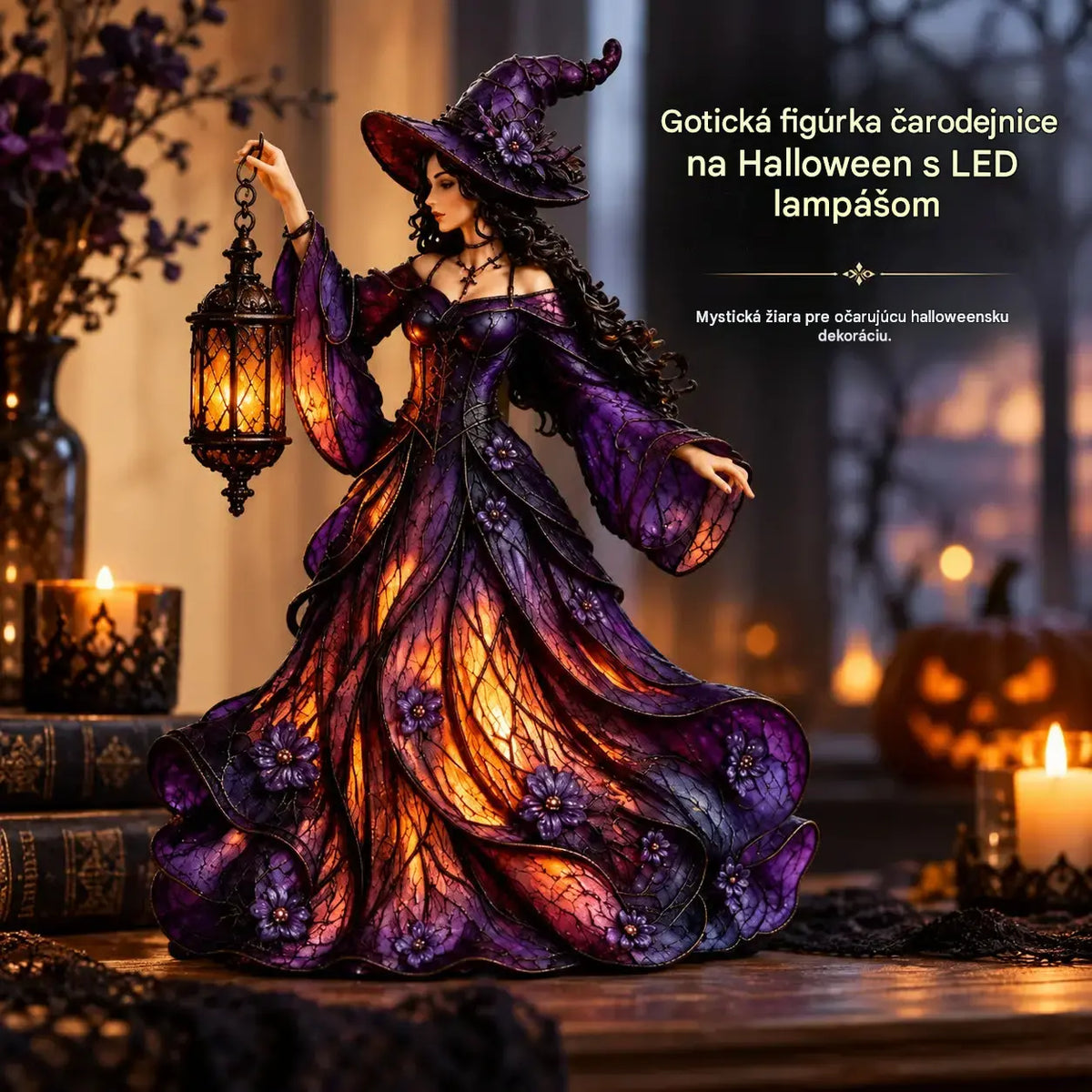 🧙‍♀️ Gotická halloweenská figurka čarodějnice s LED lucernou