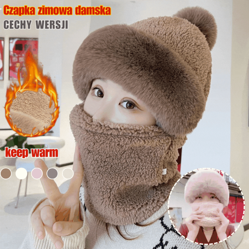 50% SLEVA 🔥Dámská zimní čepice s šátkem v jednom, dvouvrstvá zahuštěná komfortní fleece s okrajem z umělé králičí srsti, větruodolná, obvod čepice 58–62 cm, více barev
