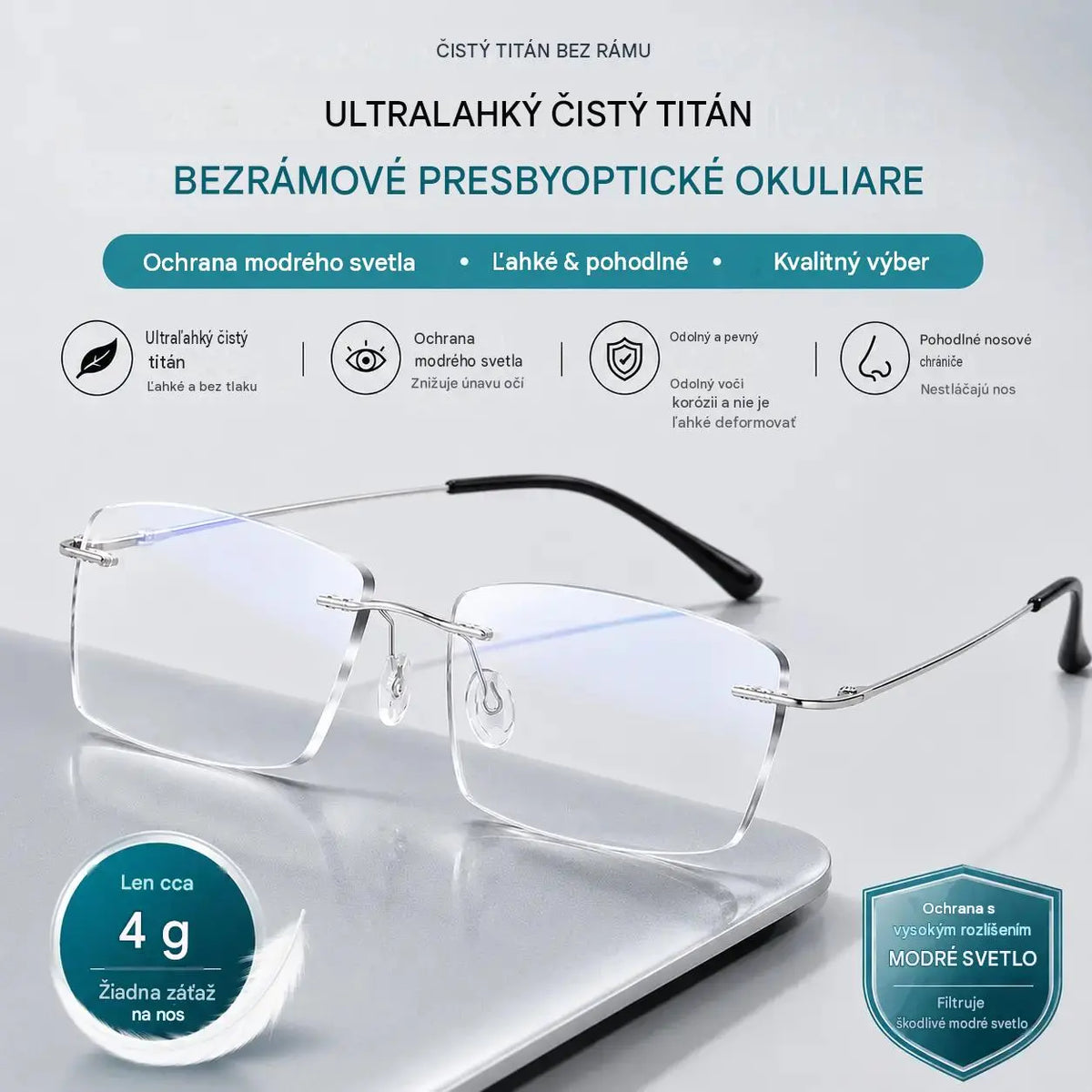 50% SLEVA🔥Ultralehké bezrámové titanové brýle proti modrému světlu, unisex, čtvercový tvar, presbyopické brýle pro seniory
