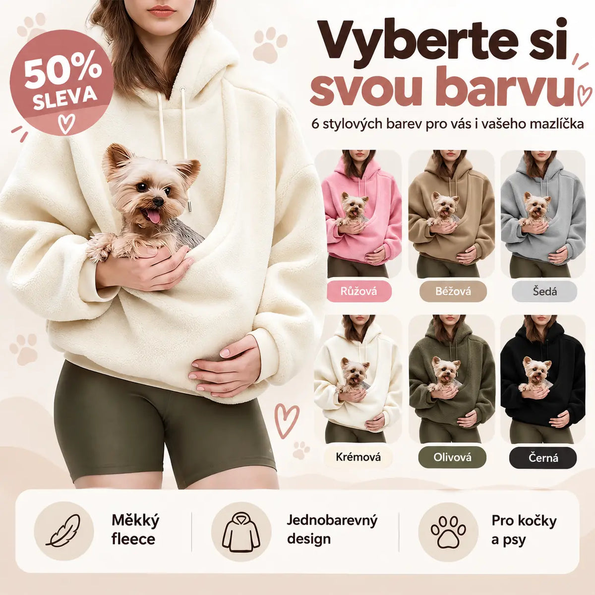 50% SLEVA 🐶 Mikina s kapucí pro mazlíčka, podzimní a zimní, jednobarevná, měkká fleecová, volný střih, přetahovací, pro kočky a psy