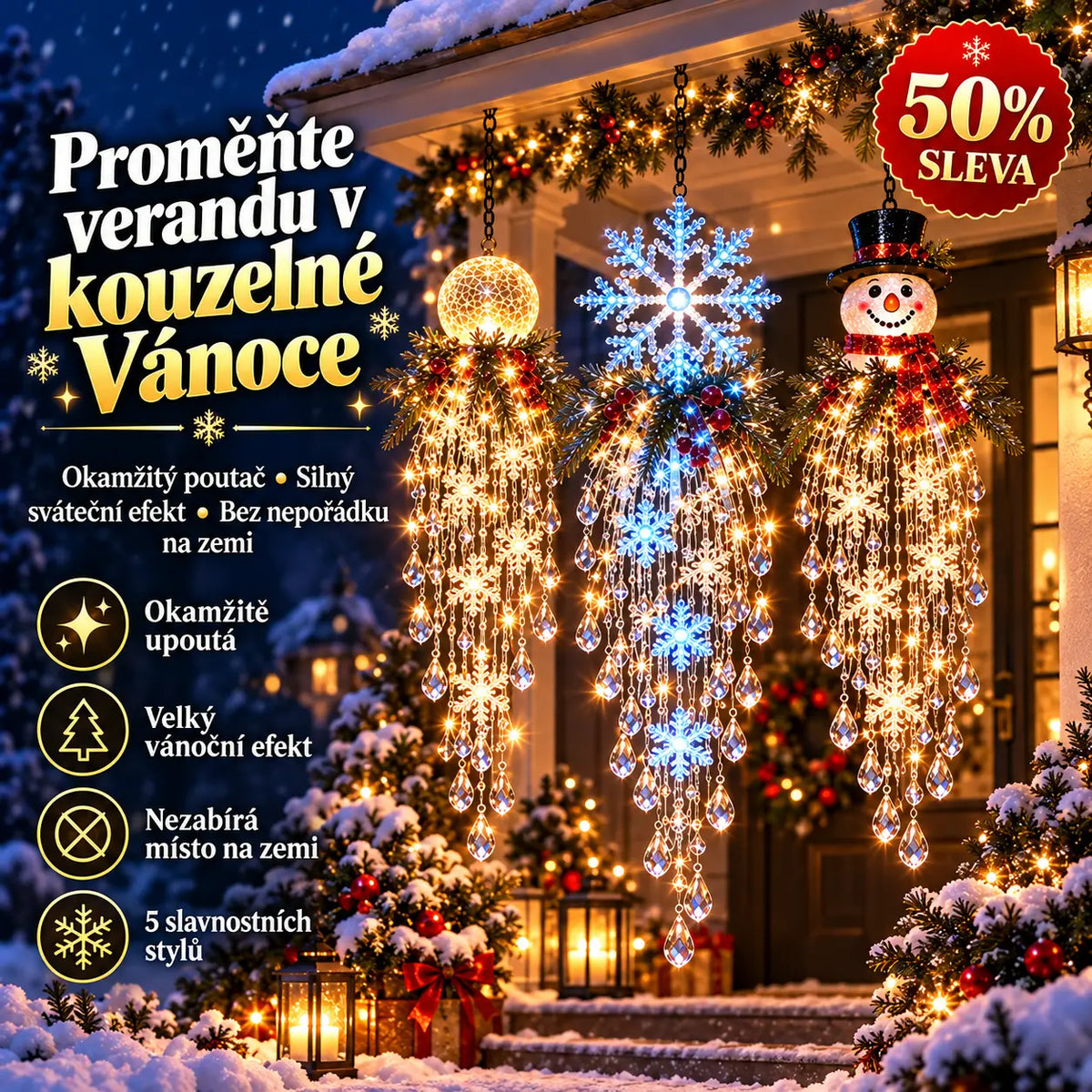 ✨🎅50% SLEVA | Křišťálové sněhové vločky závěsná LED vánoční světla, kouzelné osvětlení na verandu