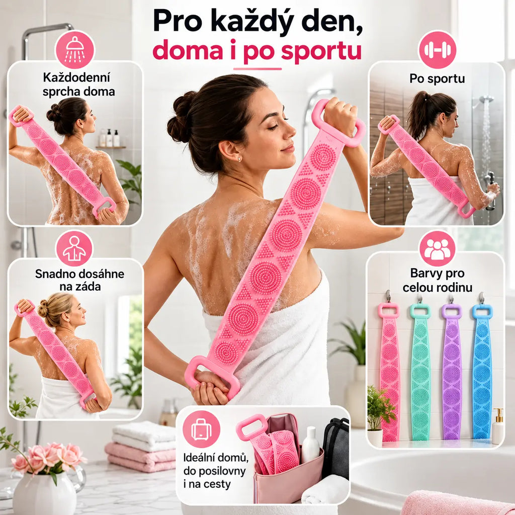 🔥Kupte 1, získejte 1 zdarma🛁 Dlouhá silikonová koupelová stírací páska 70 cm, oboustranná masážní textura, bezbolestné drhnutí zad, 182g, snadné čištění hřbetu