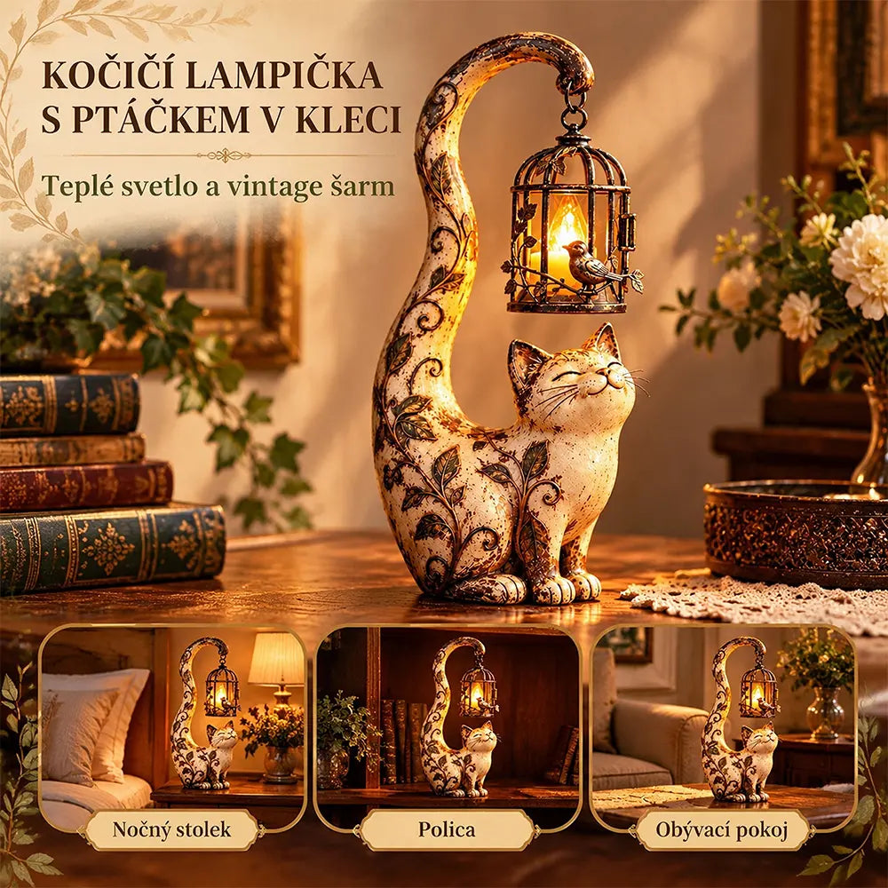 🐱💡 50% SLEVA | Noční světlo – kočka s ptačí klecí, resinová dekorace do domácnosti a zahrady