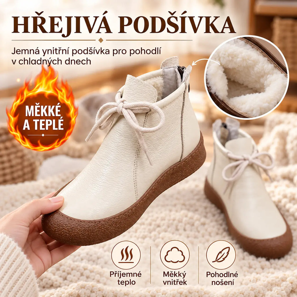 🔥50% SLEVA |【35–40】Dámské zateplené kotníkové boty z pravé kůže, šněrovací, plochá podrážka, kulatá špička, zimní