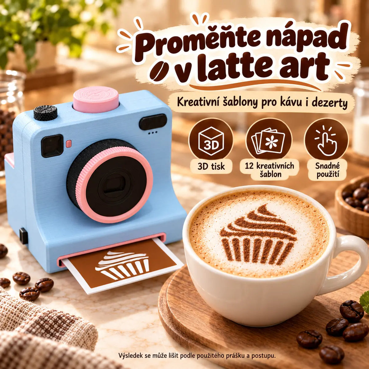 ☕️50% SLEVA | Retro fotoaparát na latte art, mechanická tiskárna šablon na kávu, 3D tištěný, obsahuje 12 náhodných šablon, nástroj na kávové vzory