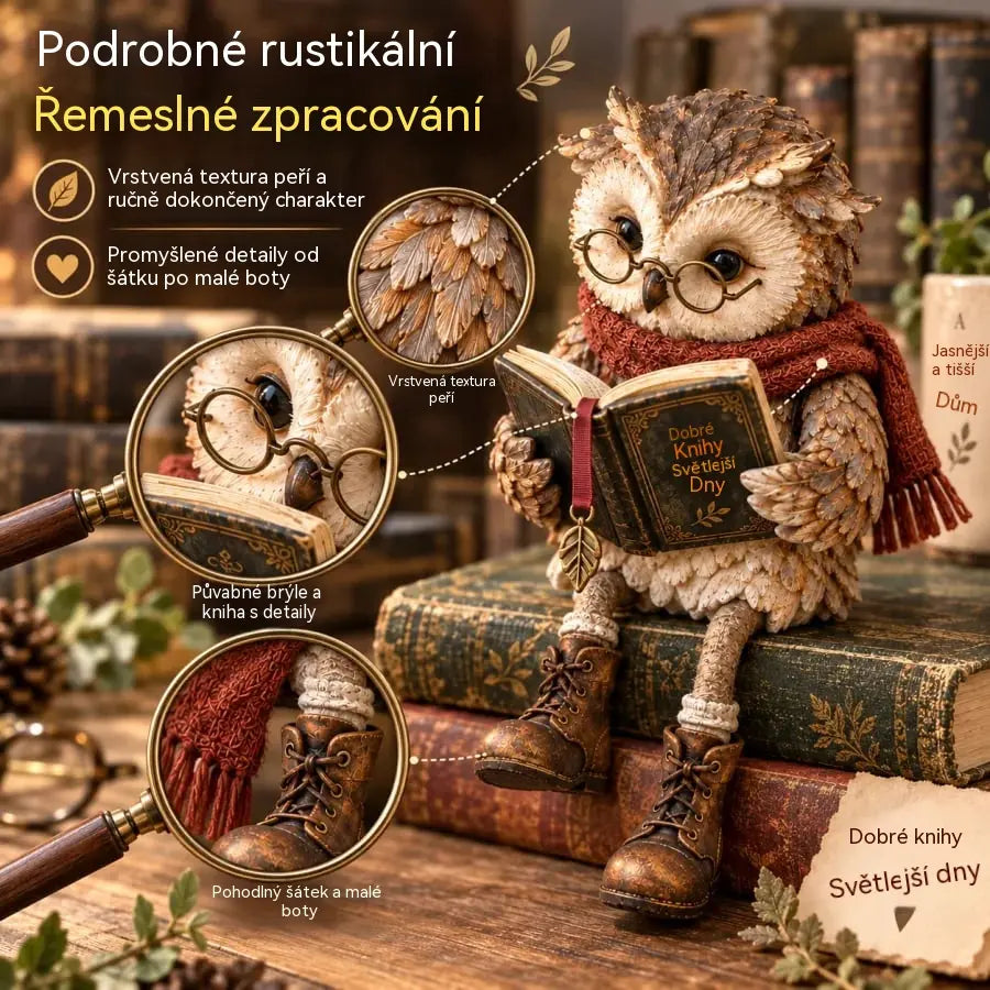 🔥50% SLEVA 🦉Roztomilá figurka sovy čtoucí knihu, rustikální pryskyřičná dekorace do domu, ručně zpracovaná soška sovy s brýlemi a šátkem