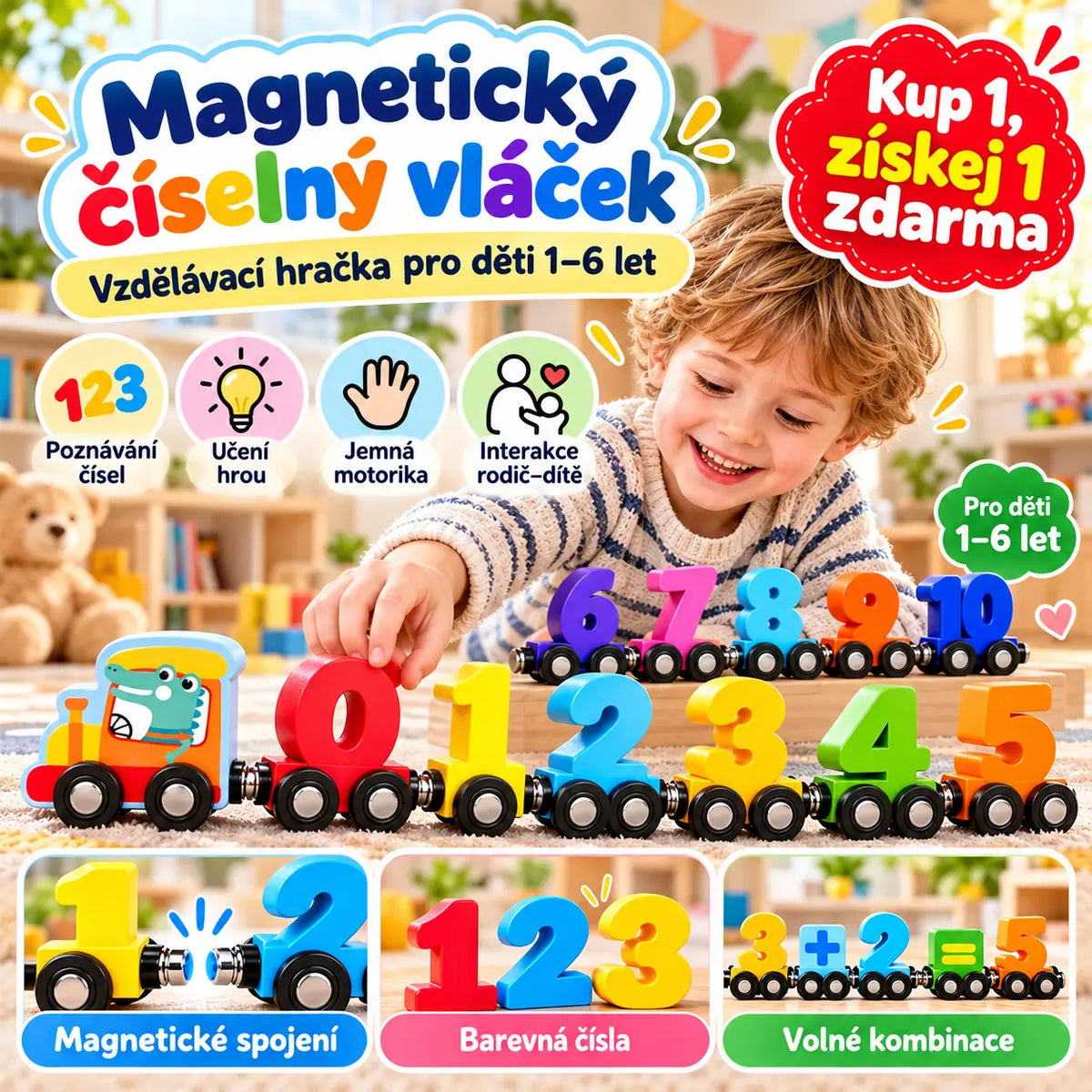 🔥 Kup 1, získej 1 zdarma | Magnetický číselný vláček pro děti, vzdělávací stavebnice, hračka pro batolata 1–6 let, rané vzdělávání