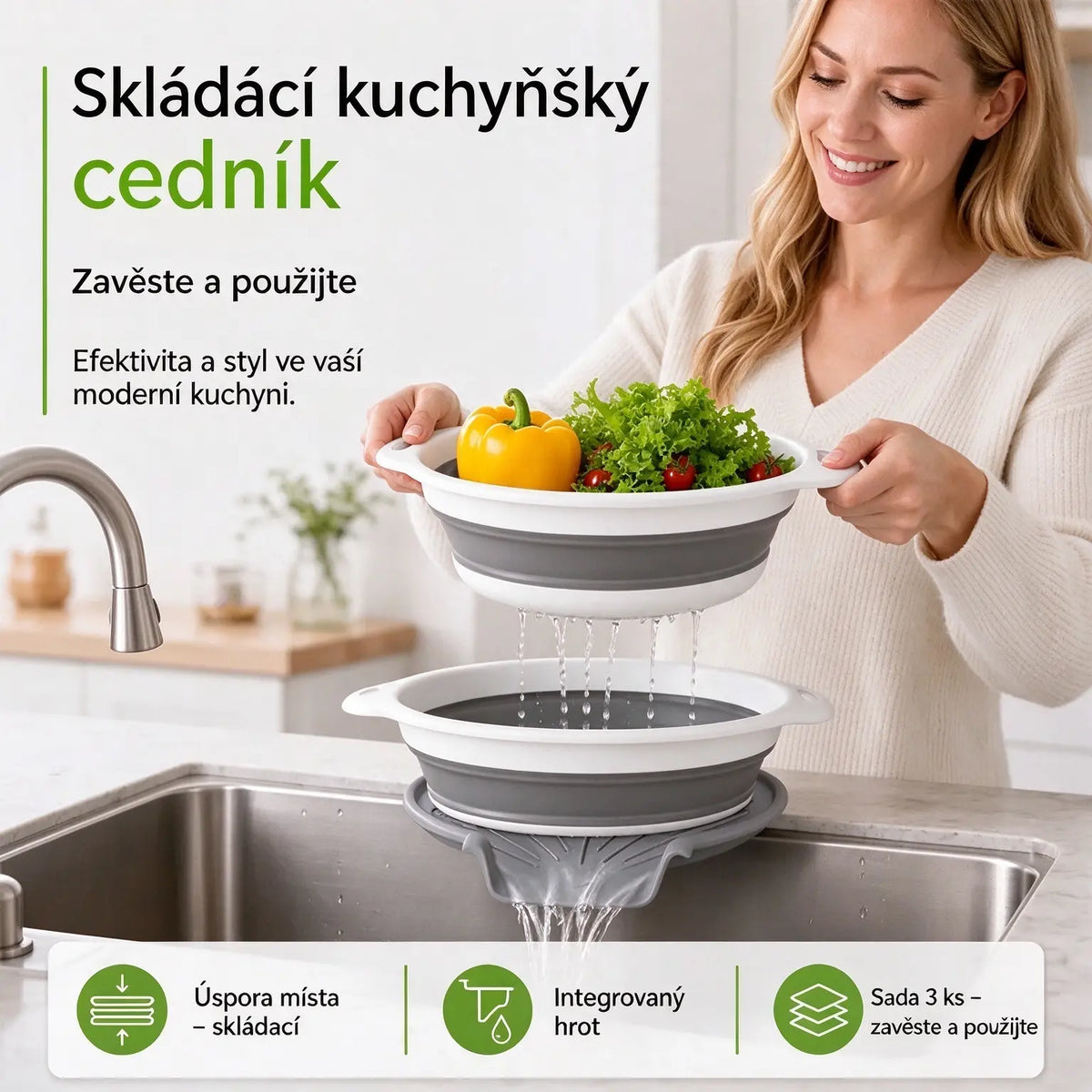 50% SLEVA 🔥 Sada 3 skládacích silikonových cedníků, kulaté omyvátko na ovoce a zeleninu, skladný filtrační košík do kuchyně