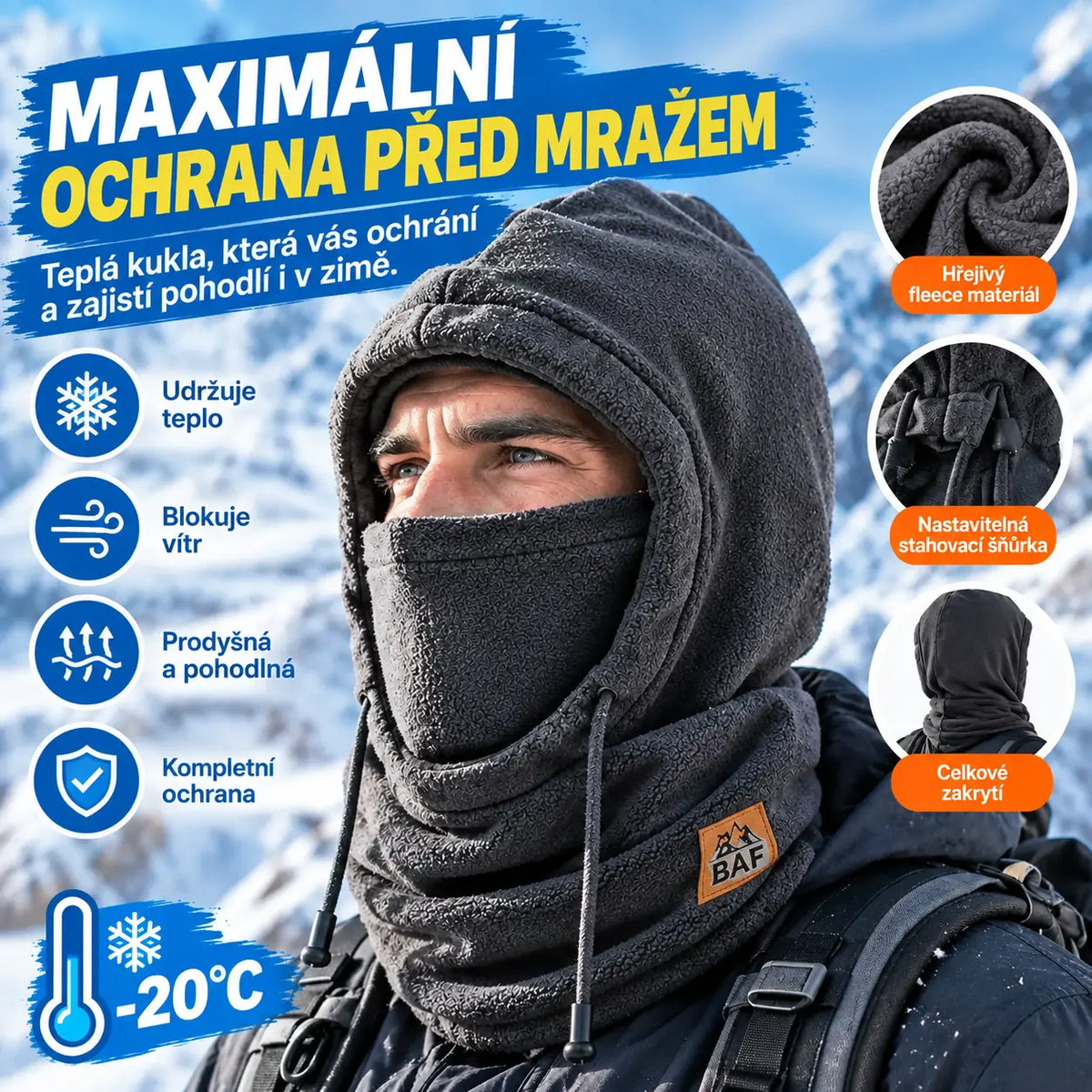 ❄️50% SLEVA! 4v1 zateplená fleecová kukla, čepice + rouška + šála + chrániče uší v jednom, větruodolná, univerzální velikost, vhodná pod helmu, na lyžování, motorku a outdoor