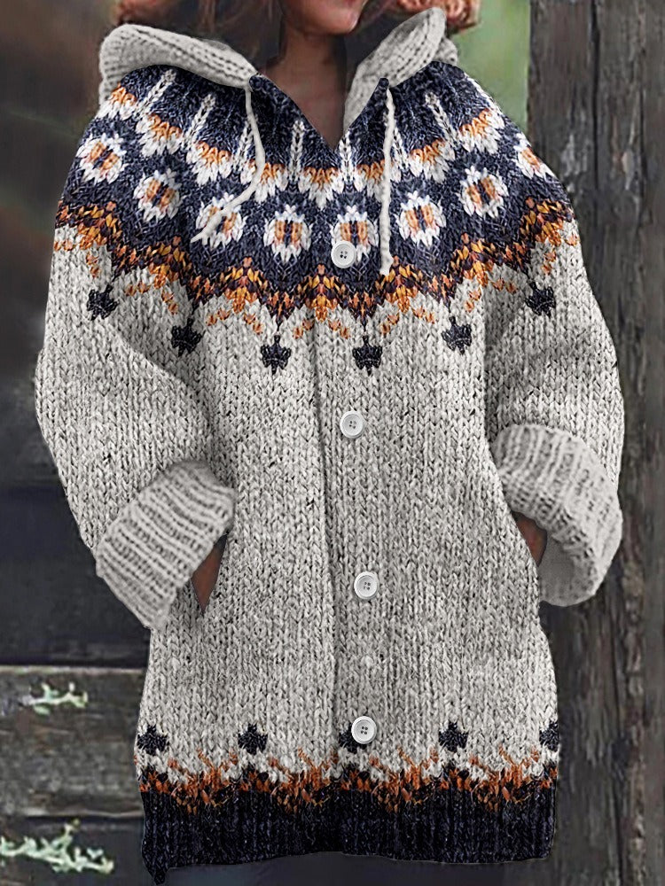 50% SLEVA🔥【S–5XL】Dámská podzimní a zimní pletená bunda s kapucí, vlněný etnický vzor, knoflíkové zapínání, kapsy, volný střih
