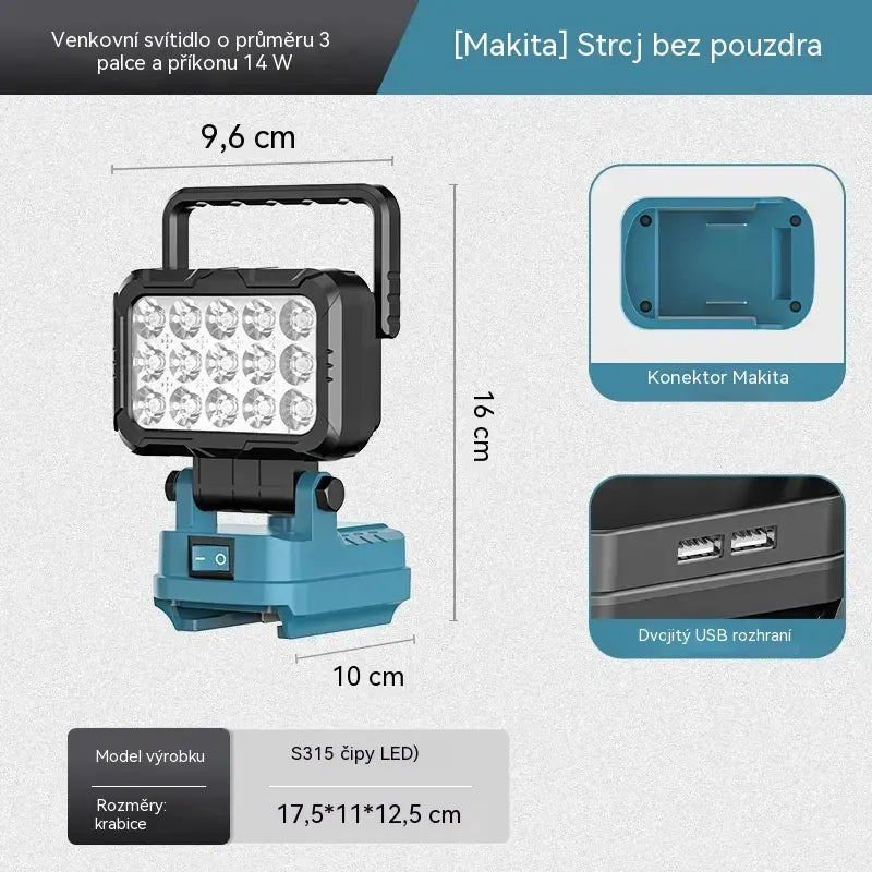 50% SLEVA 💡 LED pracovní svítilna na lithiovou baterii, USB výstup, 180° otočná, vhodná pro opravu aut, kompatibilní s bateriemi DeWalt, Milwaukee