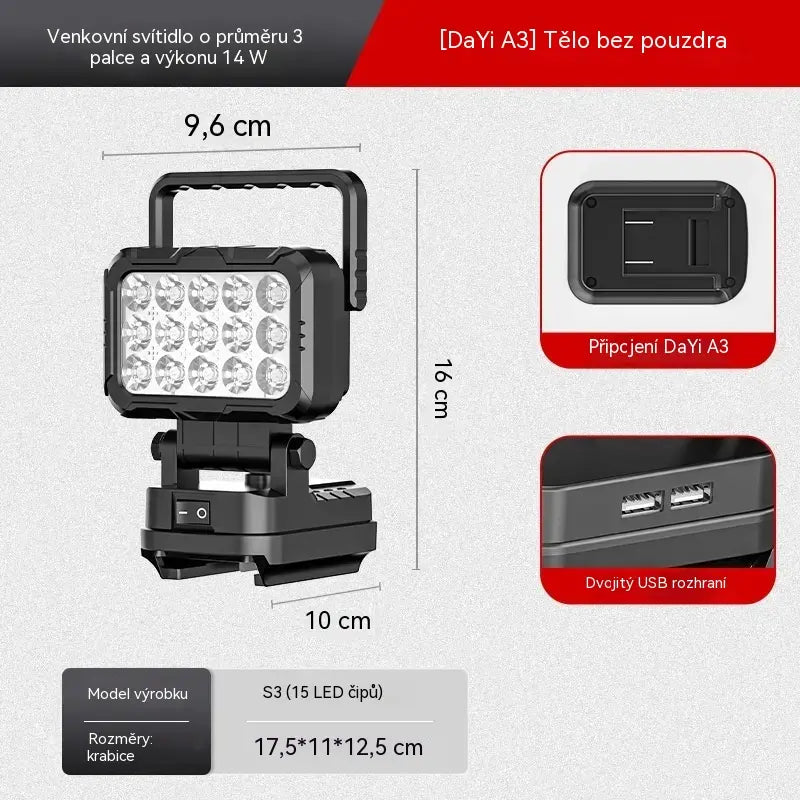 50% SLEVA 💡 LED pracovní svítilna na lithiovou baterii, USB výstup, 180° otočná, vhodná pro opravu aut, kompatibilní s bateriemi DeWalt, Milwaukee