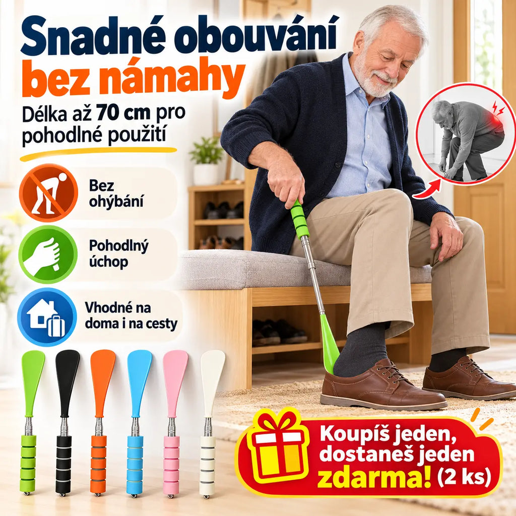 ✨ Koupíš jeden, dostaneš jeden zdarma! (2 ks) Teleskopická lžíce na boty z nerezové oceli, délka až 70 cm, měkká pěnová rukojeť, 6 barev, nazouvání bez ohýbání