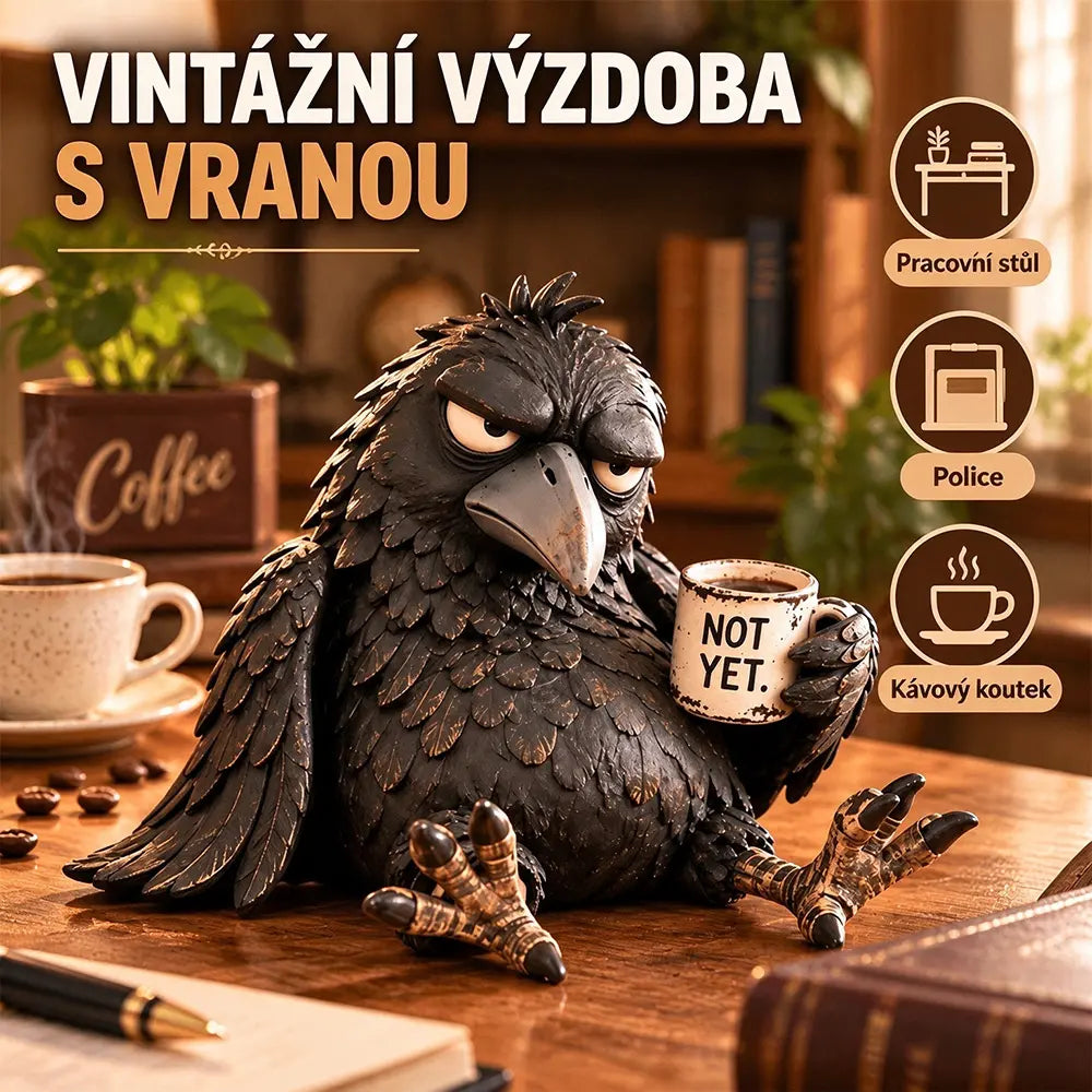 50% SLEVA😝Pryskyřicová figurka nevrlé vrány s kávou, vintage dekorace na stůl, dekorativní soška