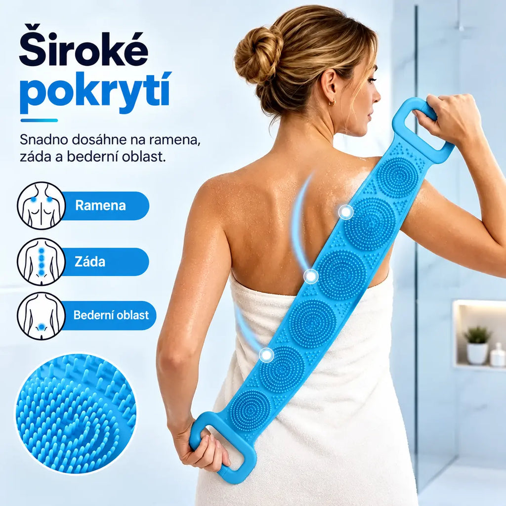 🔥Kupte 1, získejte 1 zdarma🛁 Dlouhá silikonová koupelová stírací páska 70 cm, oboustranná masážní textura, bezbolestné drhnutí zad, 182g, snadné čištění hřbetu