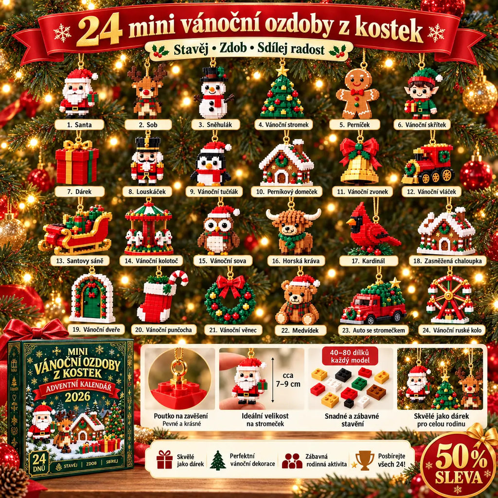🎄✨50% SLEVA | 24denní adventní kalendář, mini vianoční ozdoby z kociek, stavebnice, 24 ks vánočních figurek, vánoční dekorace