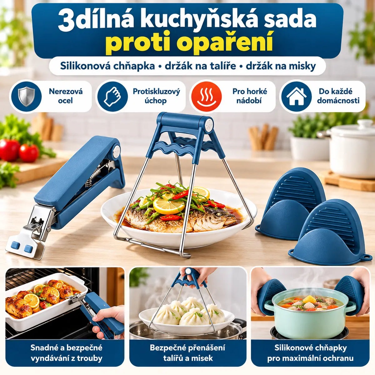 🔥50% SLEVA 【3 ks】Kuchyňská sada proti opaření – silikonová chňapka, držák na talíře a držák na misky, nerezová ocel, domácí použití